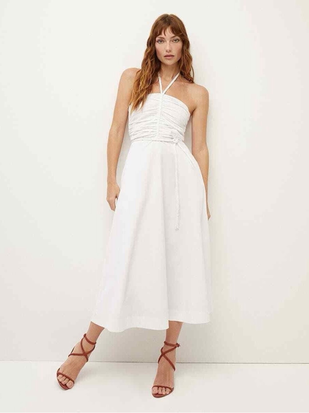 NWT $548 Veronica Beard Tucker Ruched Halter Midi Dress In White